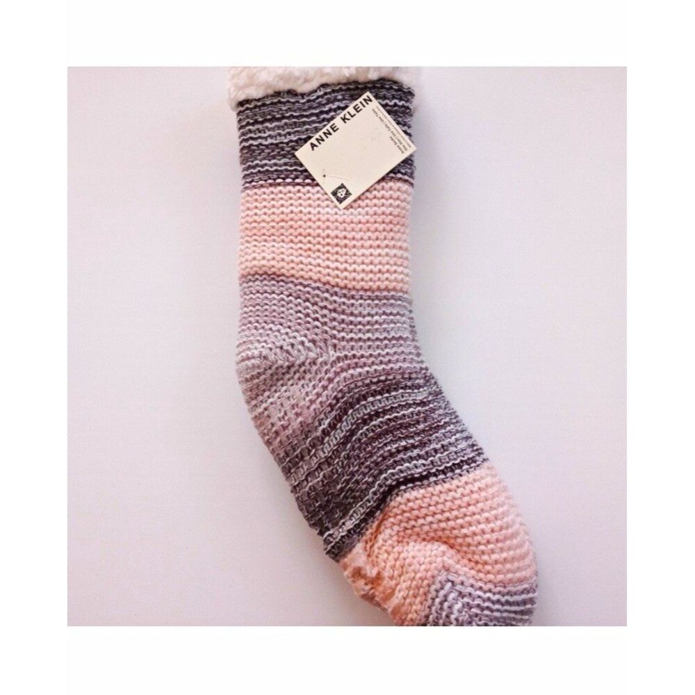 Anne Klein Women’s Home Crew Socks Striped Sherpa Cuff One Size Pink Gray